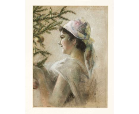 K. Herrmann, Künstler um 1900, Mädchen den Weihnachtsbaum schmückend, Pastellkreide auf hellbraunem Papier, o. re. sign., 40 