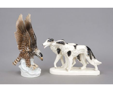Adler und Windhunde, Thüringen , 20. Jh., Barsoi-Paar, Sitzendorf, Keramik, leicht craquelliertH. 19 cm, L. 30 cm, Adler mit 