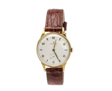 Zenith Herrenuhr, Handaufzug, 750/000 GG, um 1970, poliertes Gehäuse, versilbertes Zifferblatt mit aufgesetzten Keil- und Zif