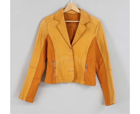 Strenesse Blue, Vintage Lederblazer, orangefarbenes Lammnappa mit partiellen Textileinsätzen, kurzer gerader Schnitt, min. ta