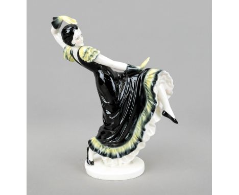 Spanische Tänzerin, 1920er Jahre, in Goldscheider Manier, Keramik, schwarz und gelb glasiert, Modellnr. 12605, Tänzerin in au