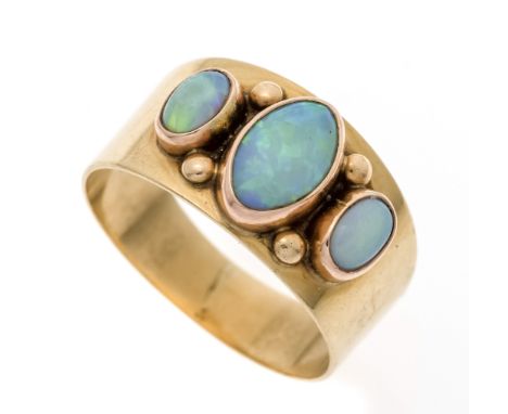Opal-Ring GG 585/000 ungest., gepr., mit 3 ovalen Opal-Cabochons 8 x 5 und 4,8 x 3,2 mm mit gutem Farbenspiel, RG 53, PGW pun