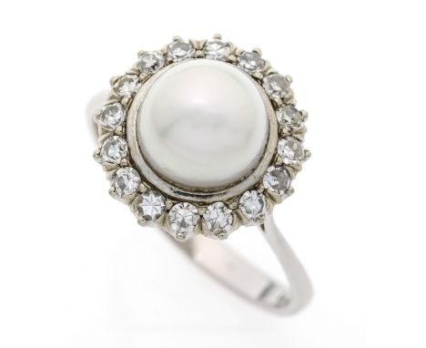 Akoya-Diamant-Ring WG 750/000 mit einer weißen Akoyaperle 8 mm und 16 Achtkant-Diamanten, zus. 0,56 ct (eingraviert) l.get.W/