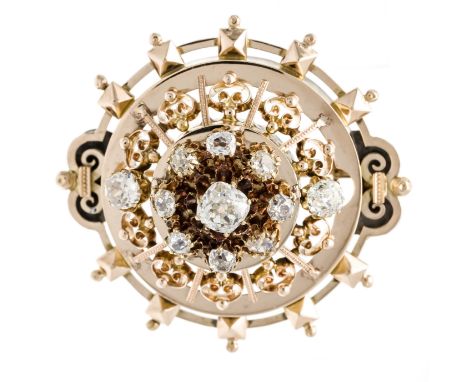 Altschliff-Diamant-Brosche RG 585/00 mit einem Altschliff-Diamant 0,68 ct feinesWeiß bis Weiß (G-H) und 10 weiteren Altschlif
