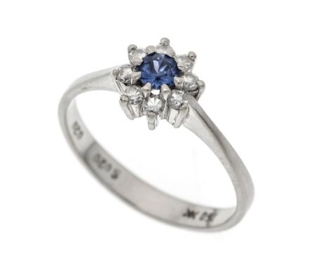 Saphir-Diamant-Ring WG 750/000 mit einem rund fac. Saphir 3,6 mm helleres leicht rotstichiges Blau, transparent bis transluze