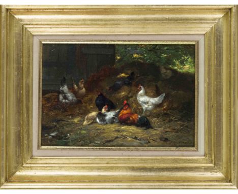 R. Maes, Tiermaler des 19. Jh., Hühnerschar auf einem Heuhaufen, Öl auf Mahagonitafel, u. re. undeutlich sign. ''R. Maes (?),