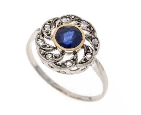 Saphir-Diamant-Ring WG/GG 585/000 mit einem rund fac. Saphir 5,4 mm Blau, transluzent, und Diamantrosen, RG 55, 2,6 g
