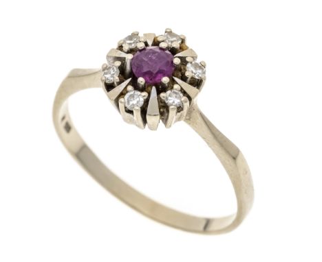 Rubin-Diamant-Ring WG 585/000 mit einem rund fac. Rubin 4,3 mm Rot, transparent mit inneren Merkmalen und 6 Achtkant-Diamante