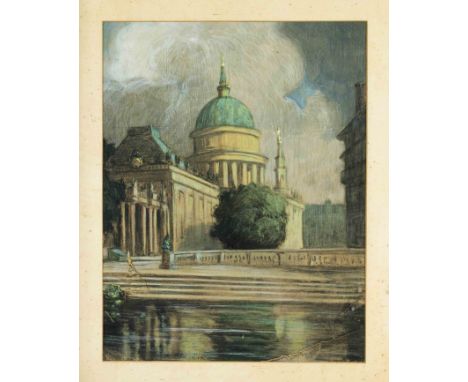 K. Geresdorff, 1. H. 20. Jh., Ansicht von Potsdam mit der Nikolaikirche, Farbkreide auf Papier, u. li. sign. u. dat. (19)16, 
