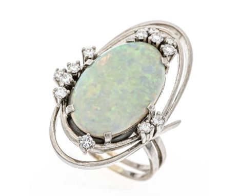 Opal-Brillant-Ring WG 750/000 mit einem ovalen Opal-Cabochon 6,89 ct in leichtem bis gutem Farbenspiel, 20,34 x 13,12 x 4,30,