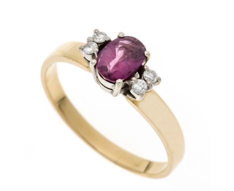 Rubin-Brillant-Ring GG/WG 750/000 mit einem oval fac. Rubin 7,7 x 5,5 mm leicht blaustichiges Rot, transparent mit wenig inne