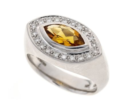 Citrin-Brillant-Ring WG 585/000 mit einem fac. Madeira-Citrin Navette 9,6 x 5,0 mm und 20 Brillanten, zus. 0,20 ct (punziert)