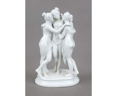 Drei Grazien, Sitzendorf, Thüringen, 20. Jh., 2. W., Modellnr. 21304, nach Antonio CANOVA, weiß, auf ovalem Sockel, H. 32 cm