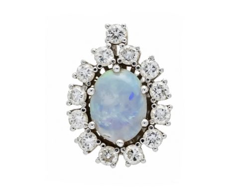 Opal-Brillant-Anhänger WG 585/000 mit einem ovalen Opal-Cabochon 8 x 6 mm in gutem - leichtem Farbenspiel und 13 Brillanten, 