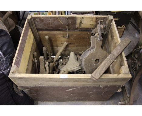 Crate of mixed tools, door furniture, bellows, etc.