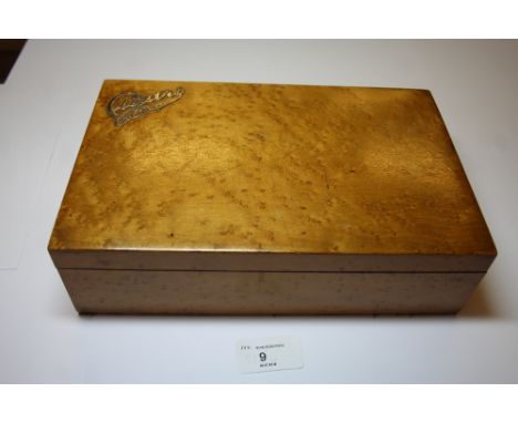 Cigar box with silver lettering, cigar cutter enclosed, travelling chess set and tortoiseshell snuff box