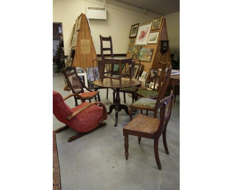 George III oak tripod table, quantity dining chairs, mixed furniture
