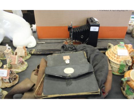 Old plate camera, hood, tripod, plates etc