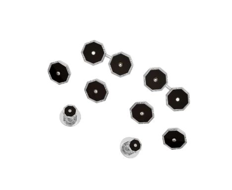 A 9 Carat White Gold Onyx and Diamond Dress Stud and Cufflink Suitecomprising of two dress studs, four buttons and a pair of 