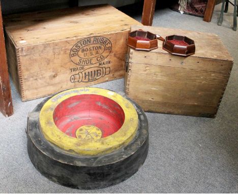 An Industrial Pine American Trunk, a metal mounted pitch pine small trunk, a manufactured circular mould, and a pair of churc