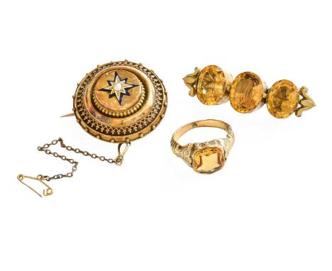 A Victorian Enamel and Split Pearl Brooch, measures 3.5cm diameter; A Citrine Brooch, length 5.2cm; and A Citrine Ring, finge