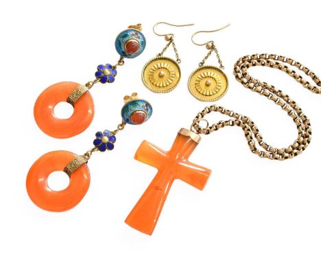 A Carnelian Cross Pendant on Chain, chain with applied plaque stamped '9C', pendant length 5.3cm, chain length 37.8cm; A Pair