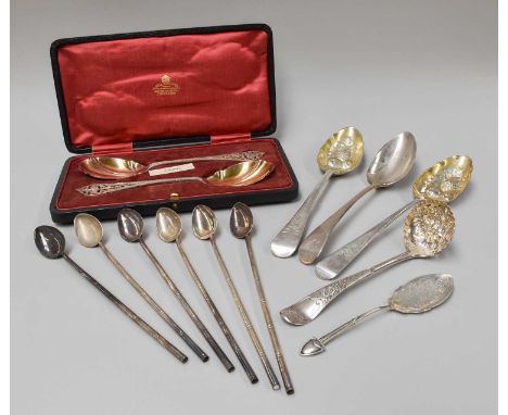 A Collection of Assorted George III and Later Silver Flatware, including cased pair of serving spoon; two George III table-sp