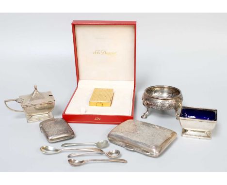 A Collection of Assorted Silver, including a cigarette-case; a vesta-case; and assorted condiment-items; Together With a case