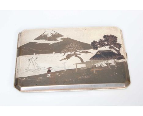 A Japanese Silver, Mixed Metal and Niello Cigarette-Case, Signed With Japanese Characters, 20th Century, oblong, the hinged c