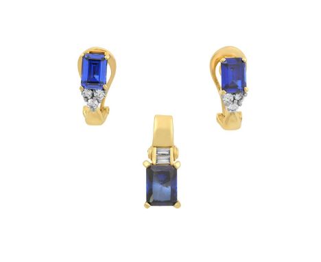 A Synthetic Sapphire and White Stone Pendant and A Pair of Synthetic Sapphire and Diamond Earringsthe emerald-cut sapphire su