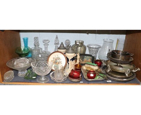 Silver Plated Wares, including swing handle basket; together with a silver and green enamel three piece dressing table set, a