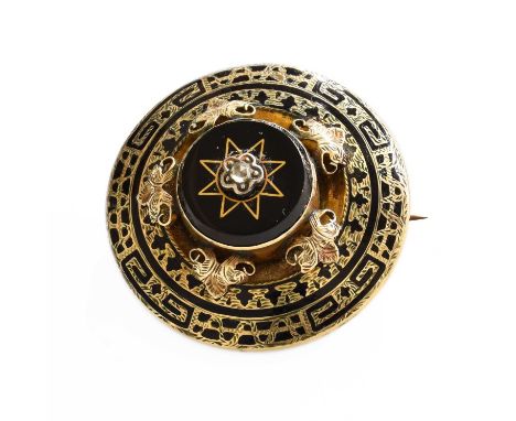 An Onyx, Diamond and Black Enamel Mourning Brooch, a circular onyx plaque inset centrally with a rose cut diamond to a circul