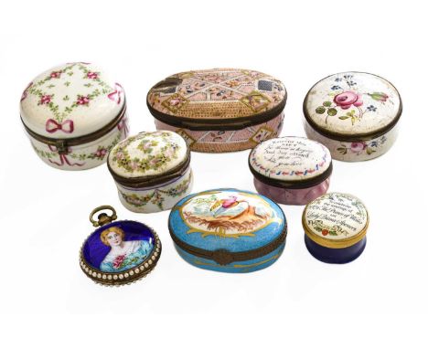 ~ A Group of Enamel Pill and Snuff Boxes including an 18th Century example with quote, and an enamelled watch decorated with 