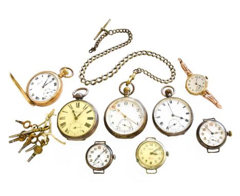 A Silver Open Faced Pocket Watch, two silver open-faced pocket watches, silver curb link chain, three enamel dial wristwatche