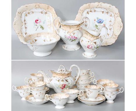 ~ A Regency Porcelain Tea Service, painted with floral sprays (two trays)Sucre cover lacking and handles repaired, cream jug 