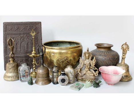 Assorted Asian Art, including three Chinese glass snuff bottles painted inside out, a pressed tea brick, three Tibetan prayer