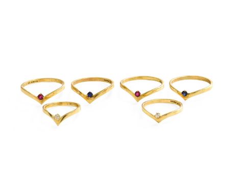 Five 9 Carat Gold Wishbone Rings, set with various gem stones, finger size N, R and S; and A Diamond Example, unmarked, finge