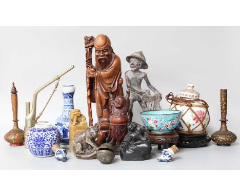 Assorted Asian Art, including a Cantonese enamel bowl, a Ming-style porcelain guglet, soapstone carvings, opium pipe, two Ind