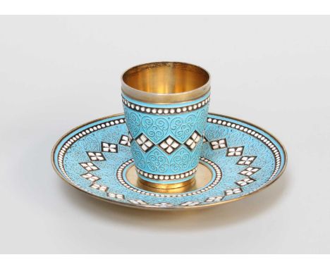 A Norwegian Silver and Enamel Cup and Saucer, by David Andersen, Oslo, 20th Century, the cup tapering cylindrial, with blue a