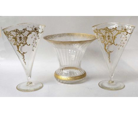 A Fluted Glass Vase of Flared Form in the Manner of Moser, with etched and gilt bands, 24cm diameter; together with a similar