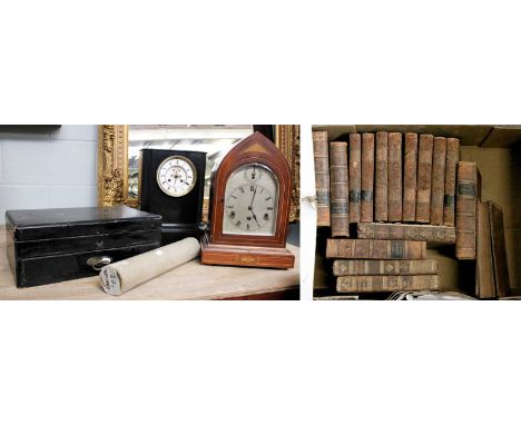 A German Mahogany Lancet Formed Bracket clock, with three train movement, a similar Victorian slate clock, together with a Ja