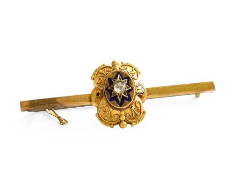 A Diamond and Enamel Brooch, the old cut diamond in a yellow star setting to a blue enamel border, to a bead work and rope tw