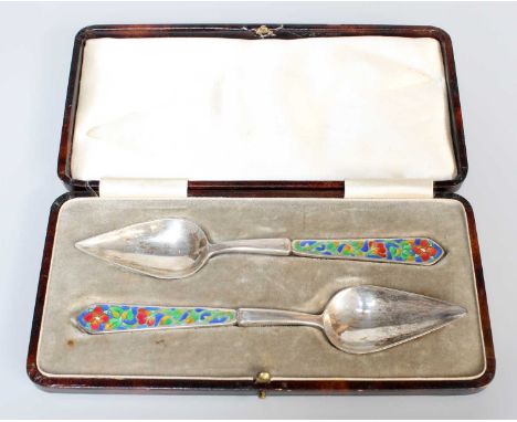 A Cased Pair of George V Silver and Enamel Spoons, by Bernard Instone, Birmingham, 1928, each tapering handle with vari-colou