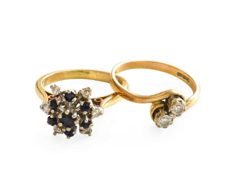 A 9 Carat Gold Diamond Twist Ring, finger size L; and A Sapphire and Diamond Cluster Ring, stamped '18CT', finger size KTwist