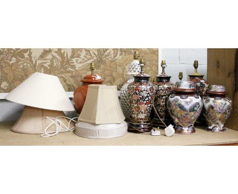 Assorted Modern Pottery Table Lamps, including three Satsuma lamps, white pierced lamp, two ginger jars without fittings, etc