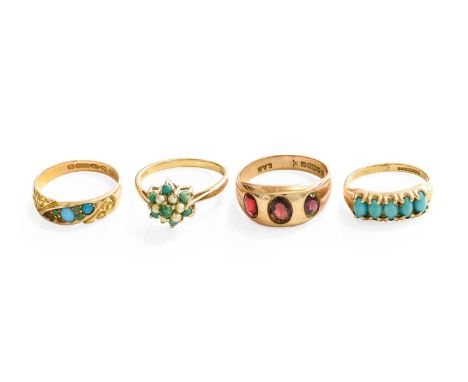 Four Rings, comprising of a 15 carat gold turquoise ring, finger size O1/2; a 9 carat gold turquoise and split pearl cluster 