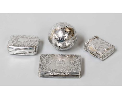 Three George III and Later Silver Vinaigrettes, Birmingham, each oblong, one in the form of a satchel, with plain grille, ano