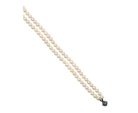 A Double Row Cultured Pearl Necklace, with An Emerald and Diamond Claspthe 56:59 cultured pearls knotted to a cluster clasp c