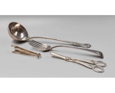 Four George III and Later Silver Serving Items, comprising a George III silver salad-fork, by Richard Crossley, London, 1785,