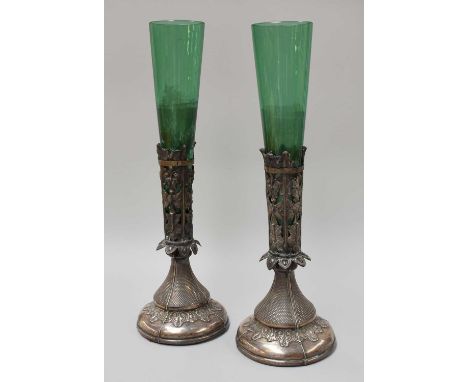 A Pair of Swedish Silver-Mounted Green Glass Vases, Maker's Mark SP, 1869, the bases tapering, with foliage border below engi